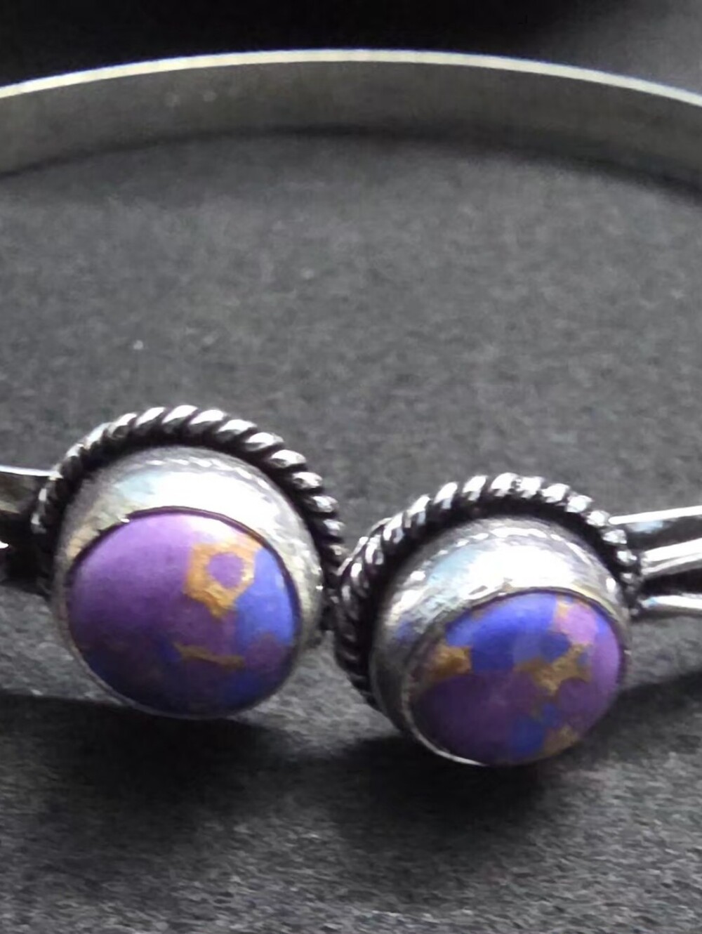 Silver Bangle Bracelet with Purple and Gold Accent Stones